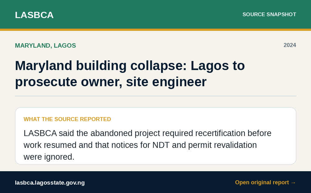 Source summary of LASBCA release on the Maryland Lagos building collapse