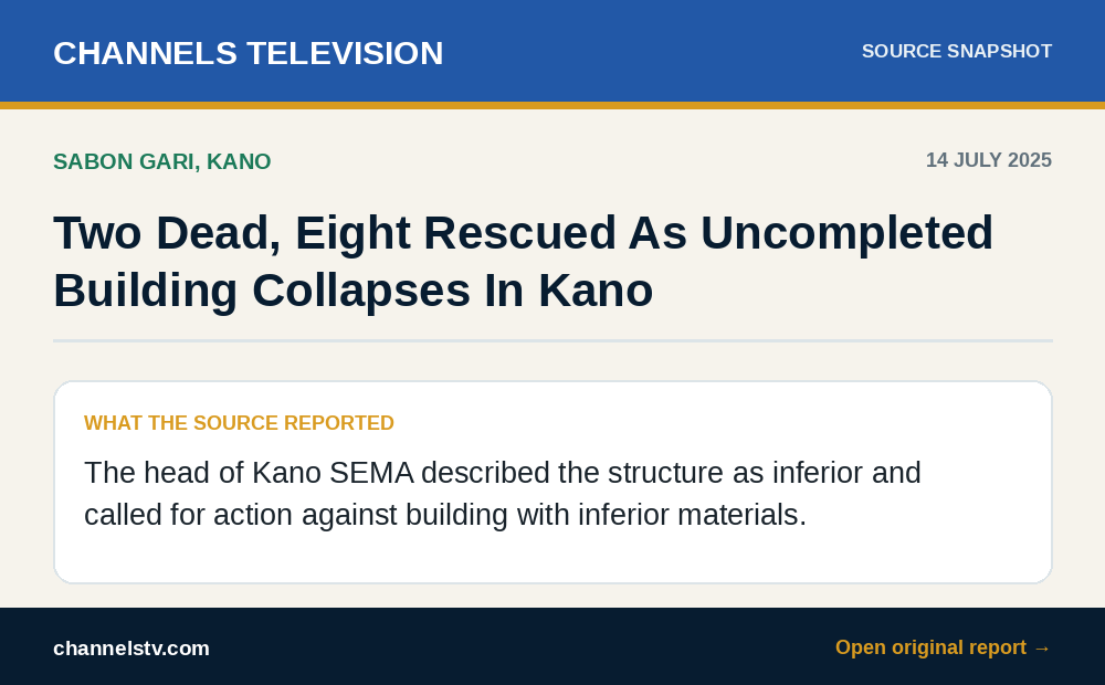 Source summary of Channels Television report on an uncompleted building collapse in Kano