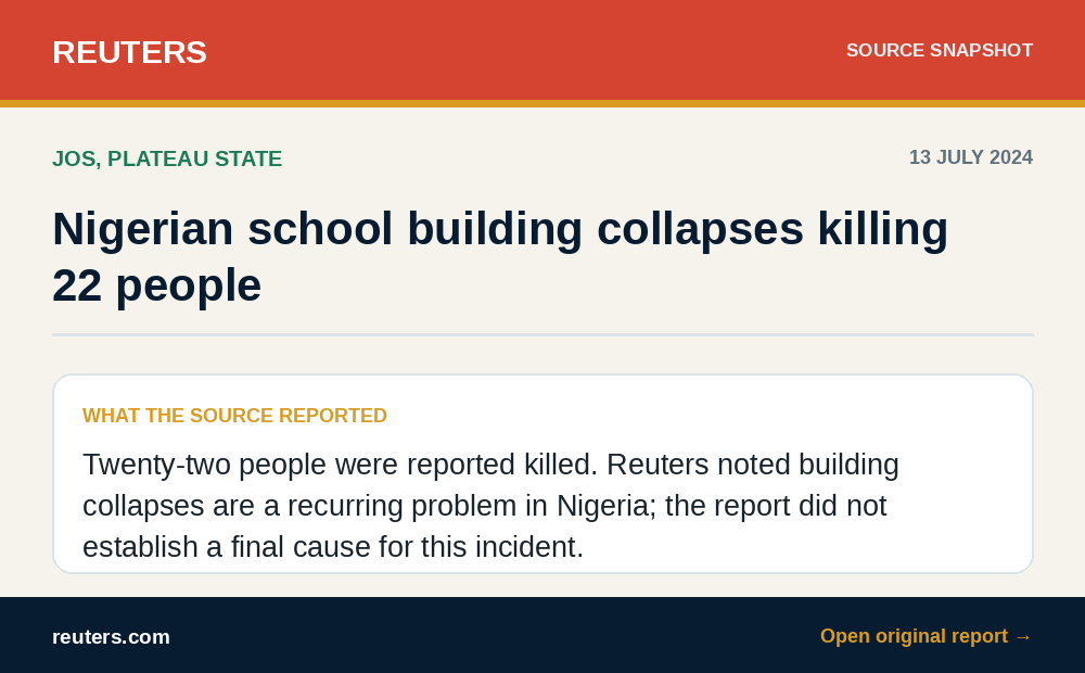 Source summary of Reuters report on the school building collapse in Plateau State