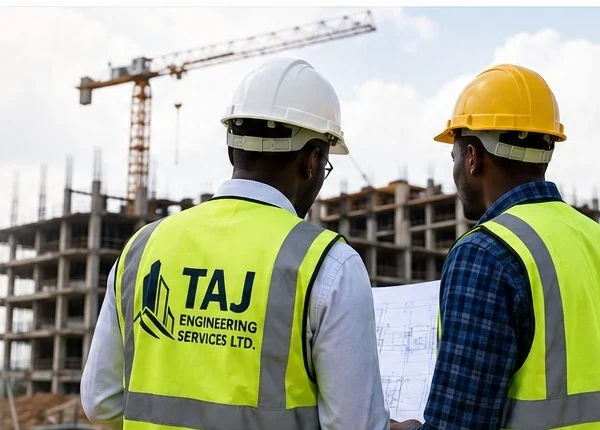 Engineering professionals reviewing drawings on a construction site